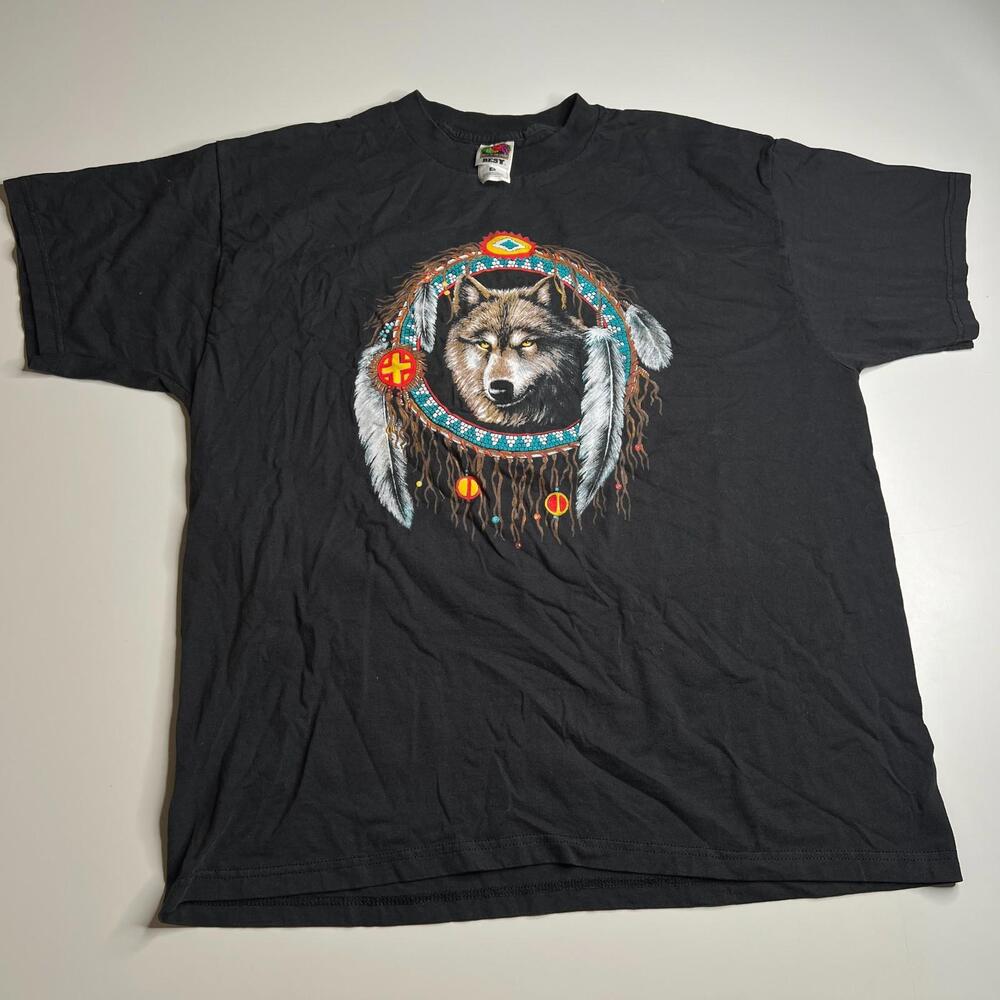 Vintage 90s Wolf T Shirt Black Animal Graphic Dreamcatcher Fruit of the Loom XL‎